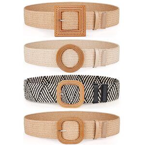 1437 4 Pack Rattan Straw Raffia Summer Belts For Women 2025 Elastic Stretch